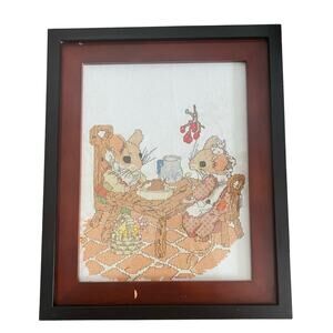 Vintage Framed Cross Stitch Picture Mouse Mice Eating Picnic Lunch Cottagecore